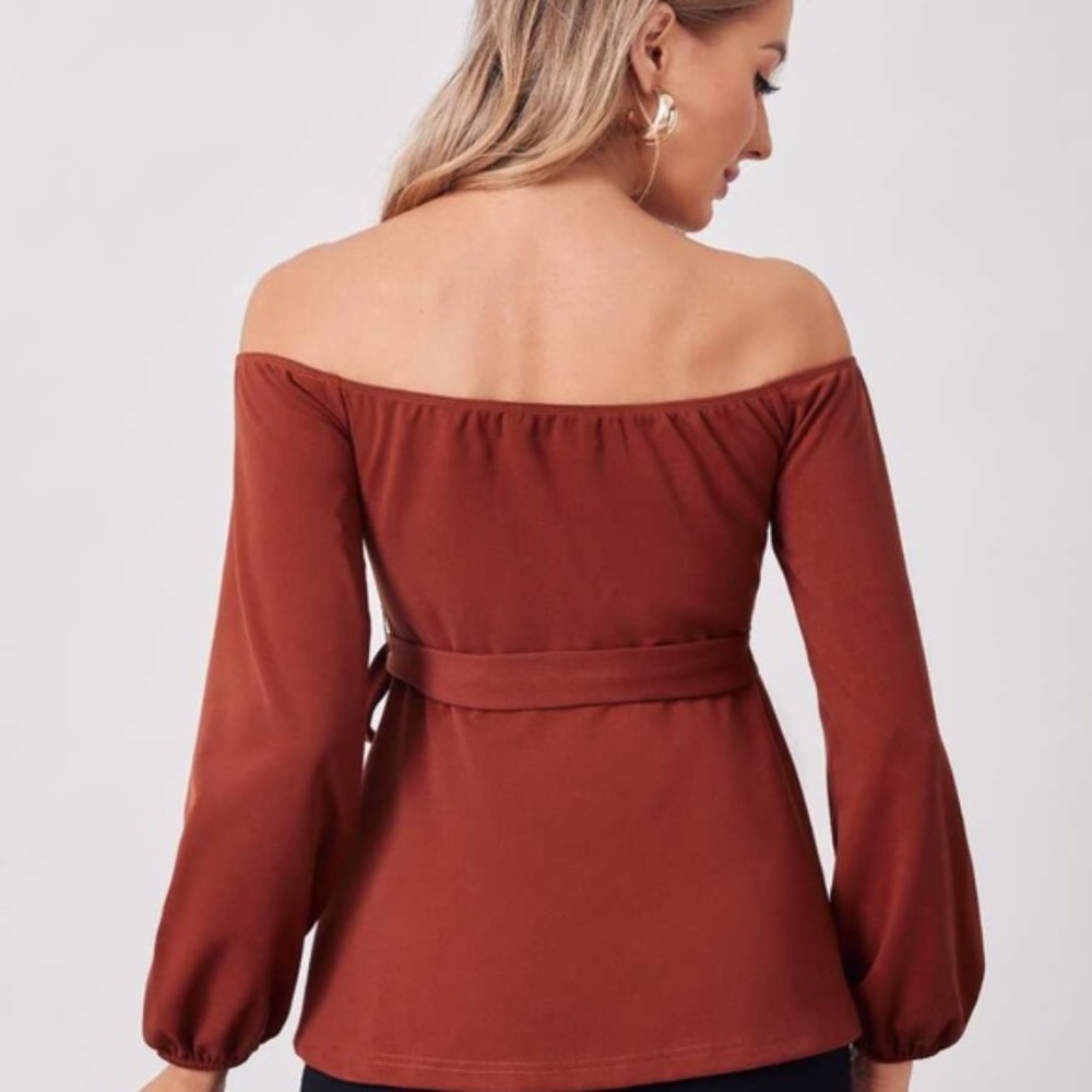 MATERNITY Burgundy off shoulder belted blouse Minimalist - Picture 4 of 7